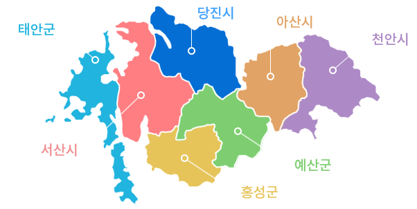 관할구역소개 지도 - 당진시, 아산시, 천안시, 예산군으로 구성.